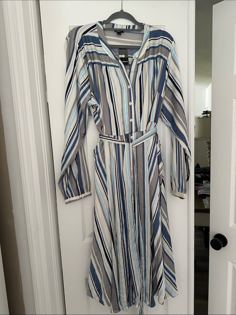 torrid Striped Button-Front Midi Dress in Blue and Gray